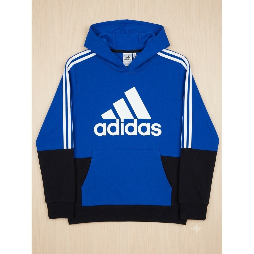 Adidas Kids Blue Black Colorblock Logo Pullover Hoodie Size L 14/16 Sweatshirt